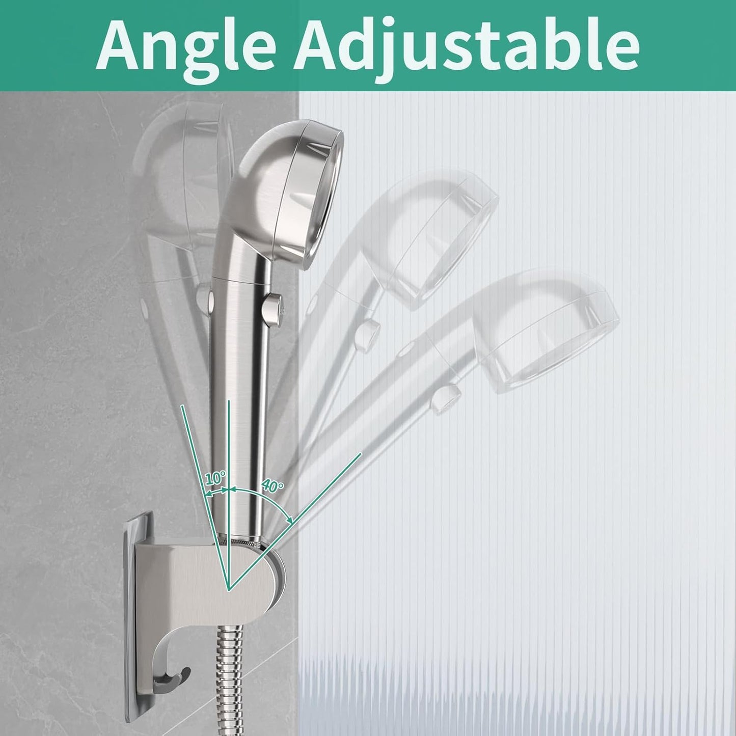 Hand Held Shower Head Holder Wall Mount, Shower Hose Holder Adhesive with 2 Hanger Hooks, Adjustable Shower Handle Holder, No Drilling Shower Wand Holder (‎Chrome, 1 Pack)