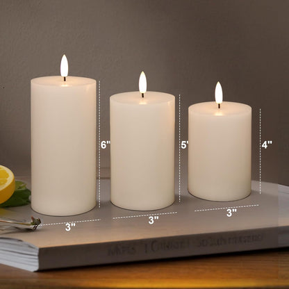 White Flameless Pillar Candles, Battery Operated Wax Candles with Remote, Flat Top Flickering Flameless Candles, LED Candle for Home, Wedding, Party Decor, Set of 3, Φ 3" H 4" 5" 6"