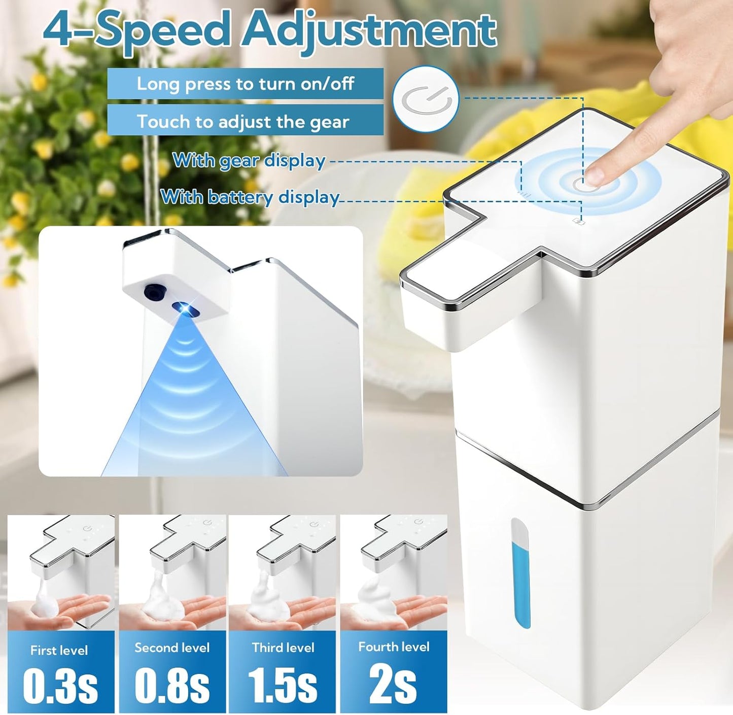 2 Pack 13.5oz/400ml Automatic Soap Dispenser Touchless Foaming Soap Dispenser Waterproof 4-Level Adjustable USB Rechargeable Dispenser Electric Wall Mounted for Bathroom Kitchen Dish Hand Soap