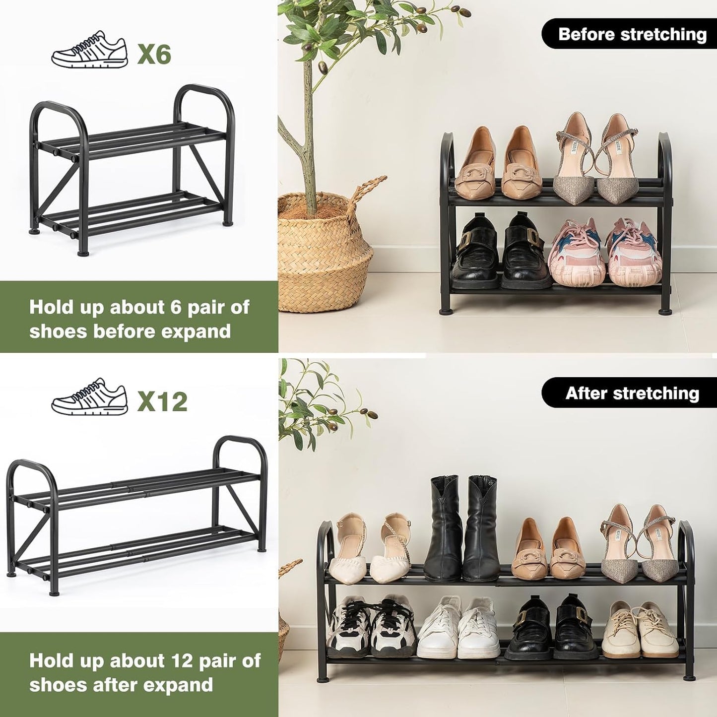 4-Tier Expandable Shoe Rack, Stackable and Adjustable Shoes Organizer Storage Shelf, Sturdy and Durable Metal Structure Free Standing Shoe Rack for Closet Entryway Doorway