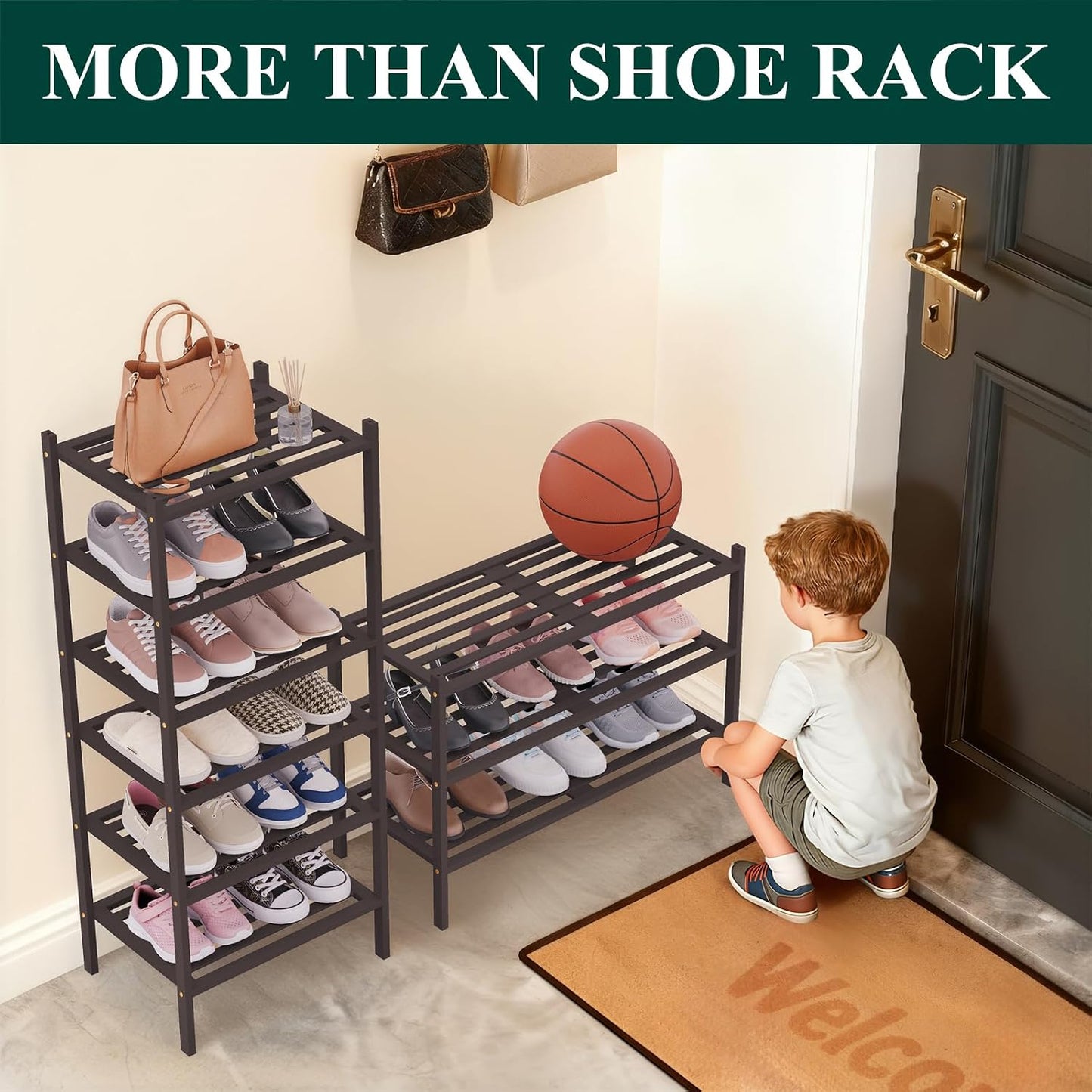 Smiry Bamboo Shoe Rack, 3 Tier Free Standing Wooden Shoe Organizer, Stackable Wood Shoe Storage Shelf for Closet, Entryway, 5 Horizontal Slats, 26.8"x11"x18.3", Natural