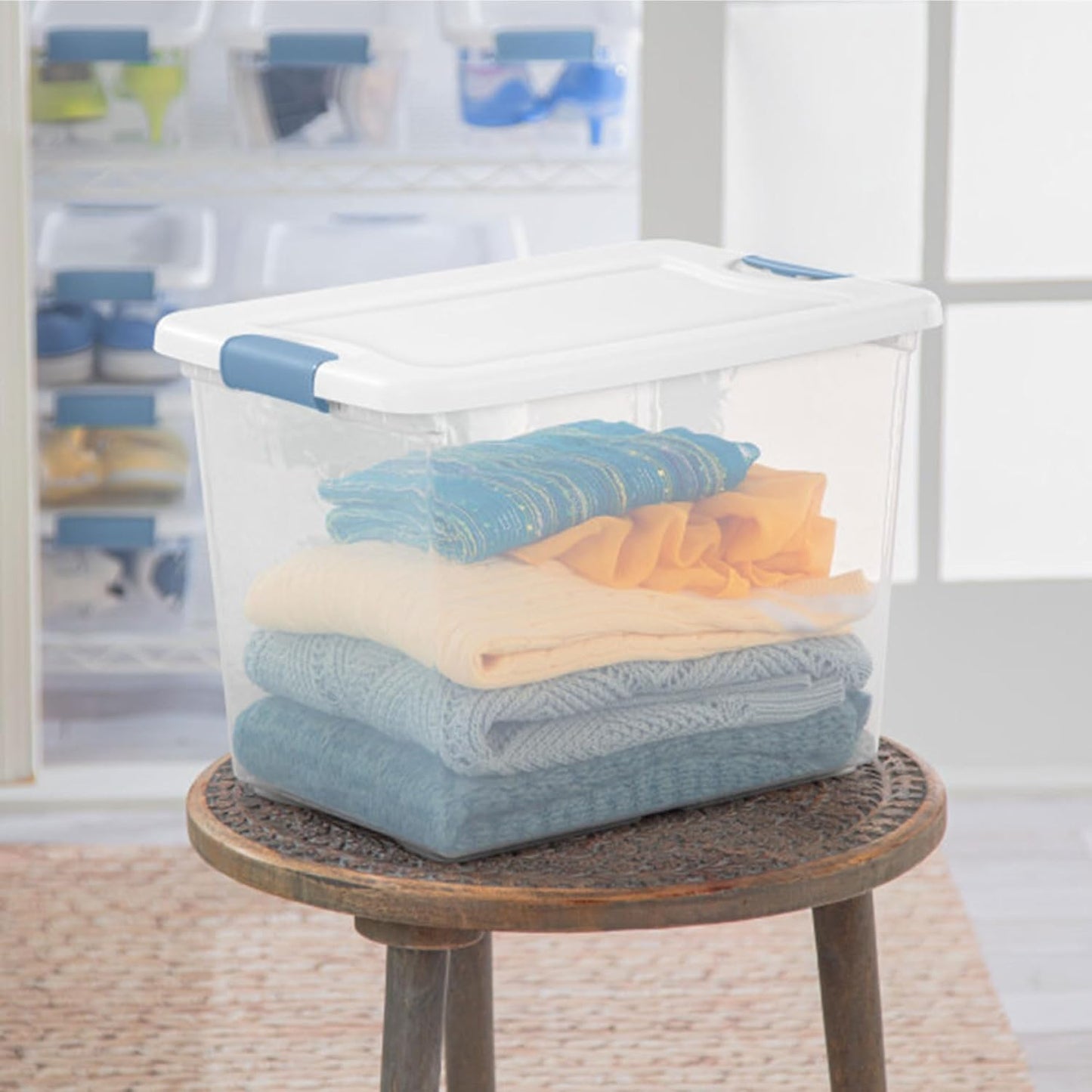 Sterilite 4-Pack 56 Quart Wheeled Latching Box, Underbed Clear Plastic Storage Organizer - Under Bed Rolling Container Bin with Lid and Wheels for Home or Dorm Bedrooms and Closets
