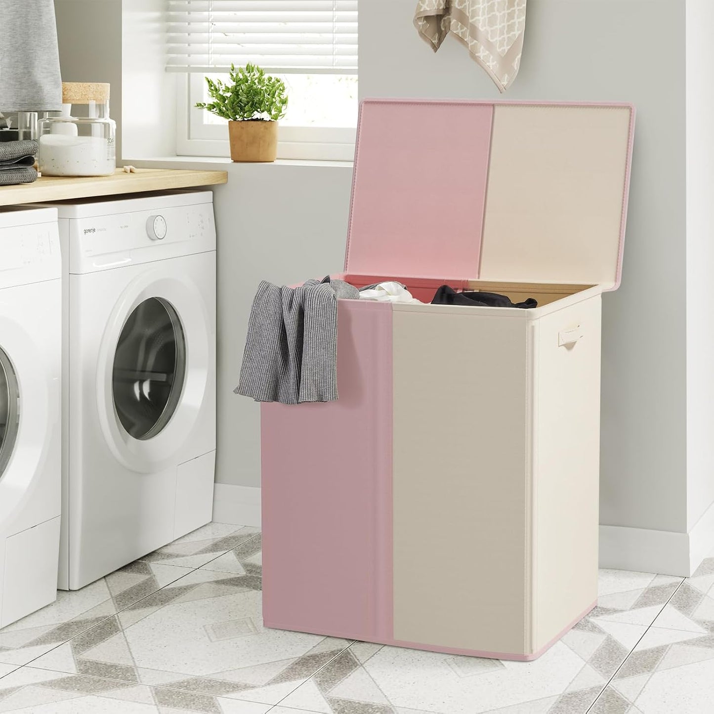 WOWLIVE Double Laundry Baseket with Lid and Removable Laundry Bags,154L Large Laundry Hamper 2 Section Collapsible Dirty Clothes Hamper for Laundry Room,College Dorm,Bathroom,Black and Beige