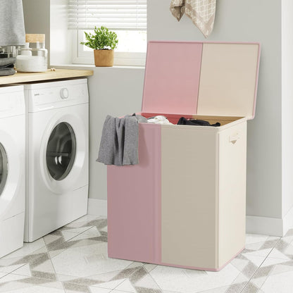 WOWLIVE Double Laundry Baseket with Lid and Removable Laundry Bags,154L Large Laundry Hamper 2 Section Collapsible Dirty Clothes Hamper for Laundry Room,College Dorm,Bathroom,Black and Beige
