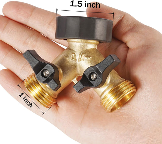 Garden Hose Splitter 2 Way Heavy Duty, Brass Hose Y Splitter with Shutoff Valve, Easy Grip Handle, Water Spigot Outdoor Faucet Splitter Y Adapter with 2 Extra Rubber Washers
