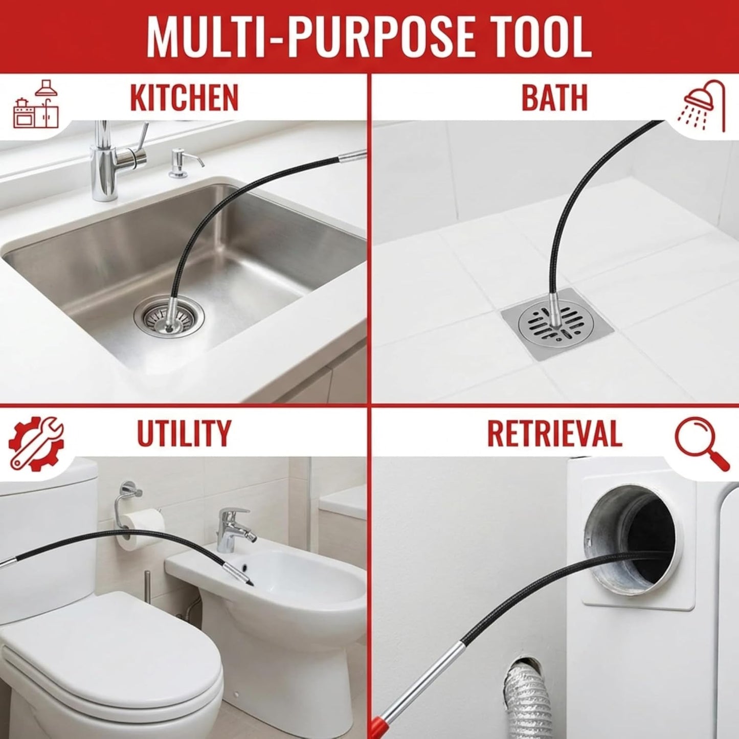 Drilax 36 Inch Drain Clog Remover Tool, Flexible Grabber with Claw, Hair Removal for Sink Shower Tub, Bendable Retrieval Tool for Drains, Pipes, Kitchen Bathroom RV