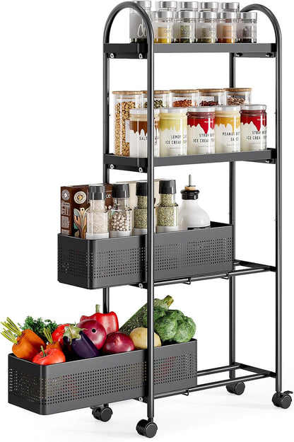 KINGRACK Slim Storage Cart with Drawer, 5-Tier Rolling Utility Cart on Wheels, Narrow Metal Cart for Space Save, Easy Assembly for Kitchen Cart, Craft Cart, Laundry, Bathroom, Nursery Organizer