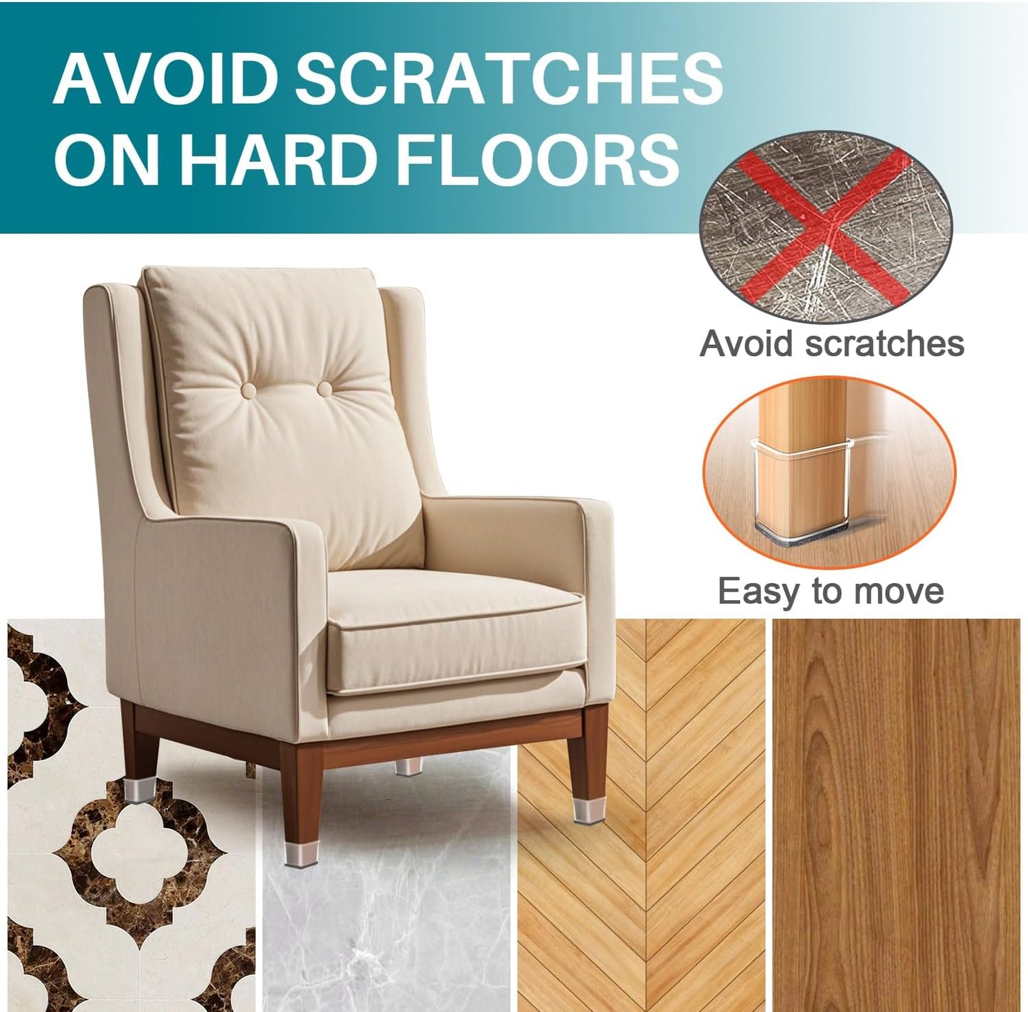 Ansible 24 Pcs Chair Leg Floor Protectors Square, Silicone Felt Furniture Leg Pads Caps Covers for Hardwood Floors (Fit:1-1/16" to 1-5/8")