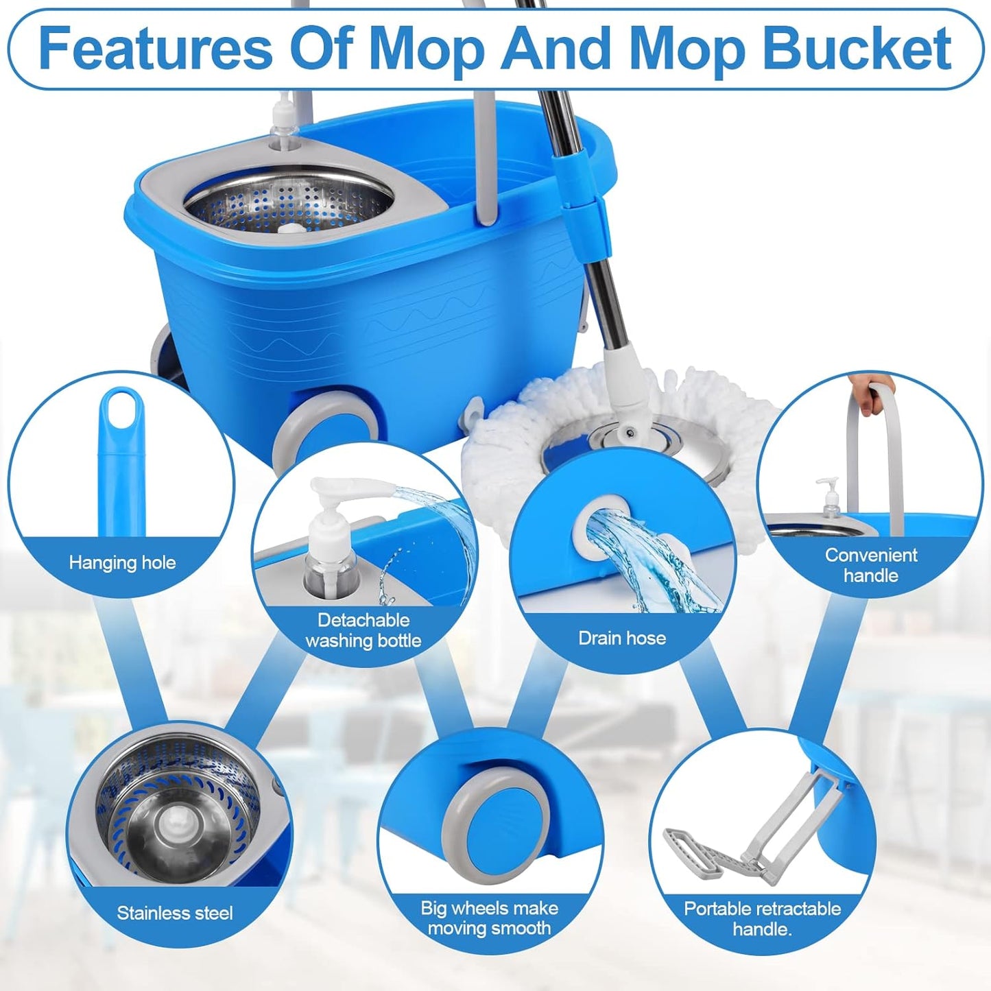 Spin Mop and Bucket with Wringer Set, 360° Spinning Mop Bucket System with 3 Microfiber Mop Replacement Heads and 50" Stainless Steel Adjustable Handle for Floor Cleaning