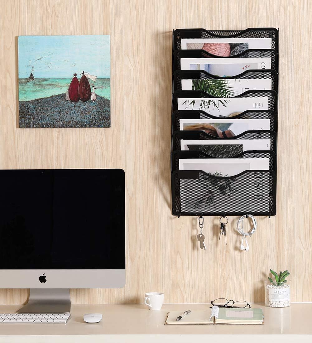 EasyPAG 5 Pocket Mesh Wall File Organizer with Key Hooks, Hanging Paper Folder Holder with Classify Label, Vertical Wall Mount Mail Organizer for Office Home Classroom, Black