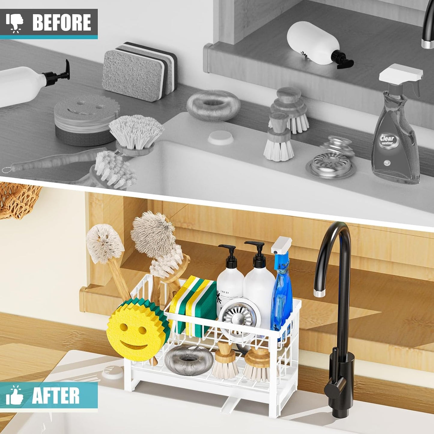 Sponge Holder for Kitchen Sink,Smiley Face Sink Caddy with Removable Brush Holder,Self-Draining Sponge Caddy for Soap,Dish Brush,Scrubber,Kitchen Essentials and Gadgets-Silver