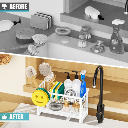 Sponge Holder for Kitchen Sink,Smiley Face Sink Caddy with Removable Brush Holder,Self-Draining Sponge Caddy for Soap,Dish Brush,Scrubber,Kitchen Essentials and Gadgets-Silver