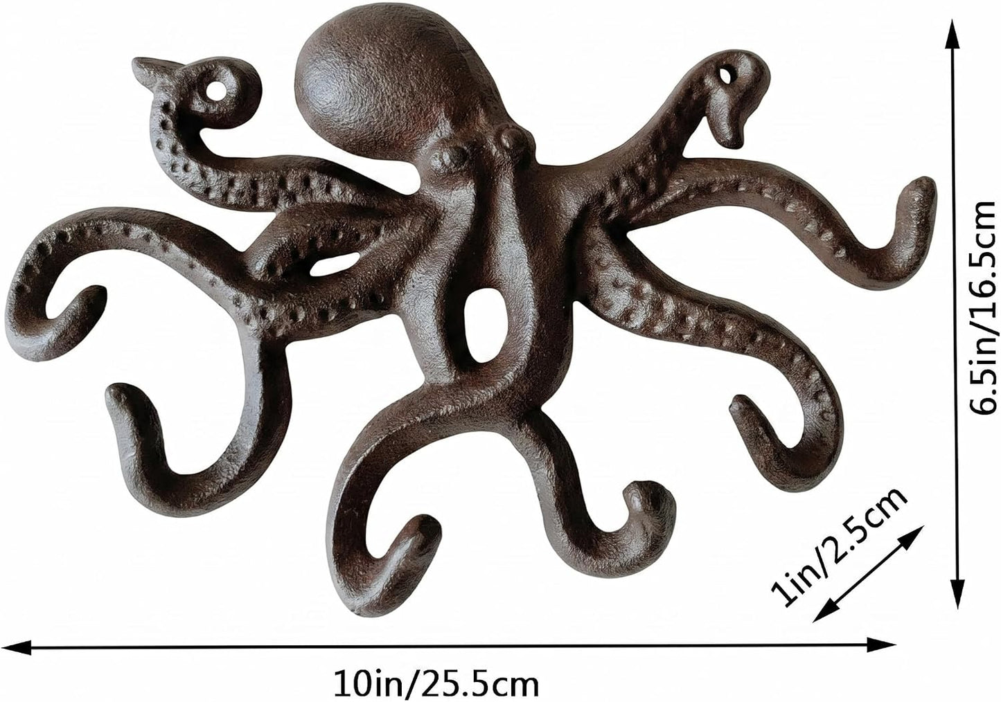 Cast Iron Coat Hooks Rustic Octopus Key Holder Heavy Duty Hooks Wall Mounted with 6 Tentacles for Keys, Towel, Bags, Scarf, Cup, Hat