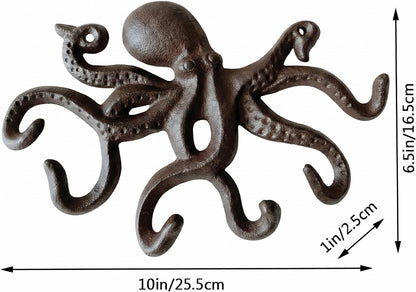 Cast Iron Coat Hooks Rustic Octopus Key Holder Heavy Duty Hooks Wall Mounted with 6 Tentacles for Keys, Towel, Bags, Scarf, Cup, Hat