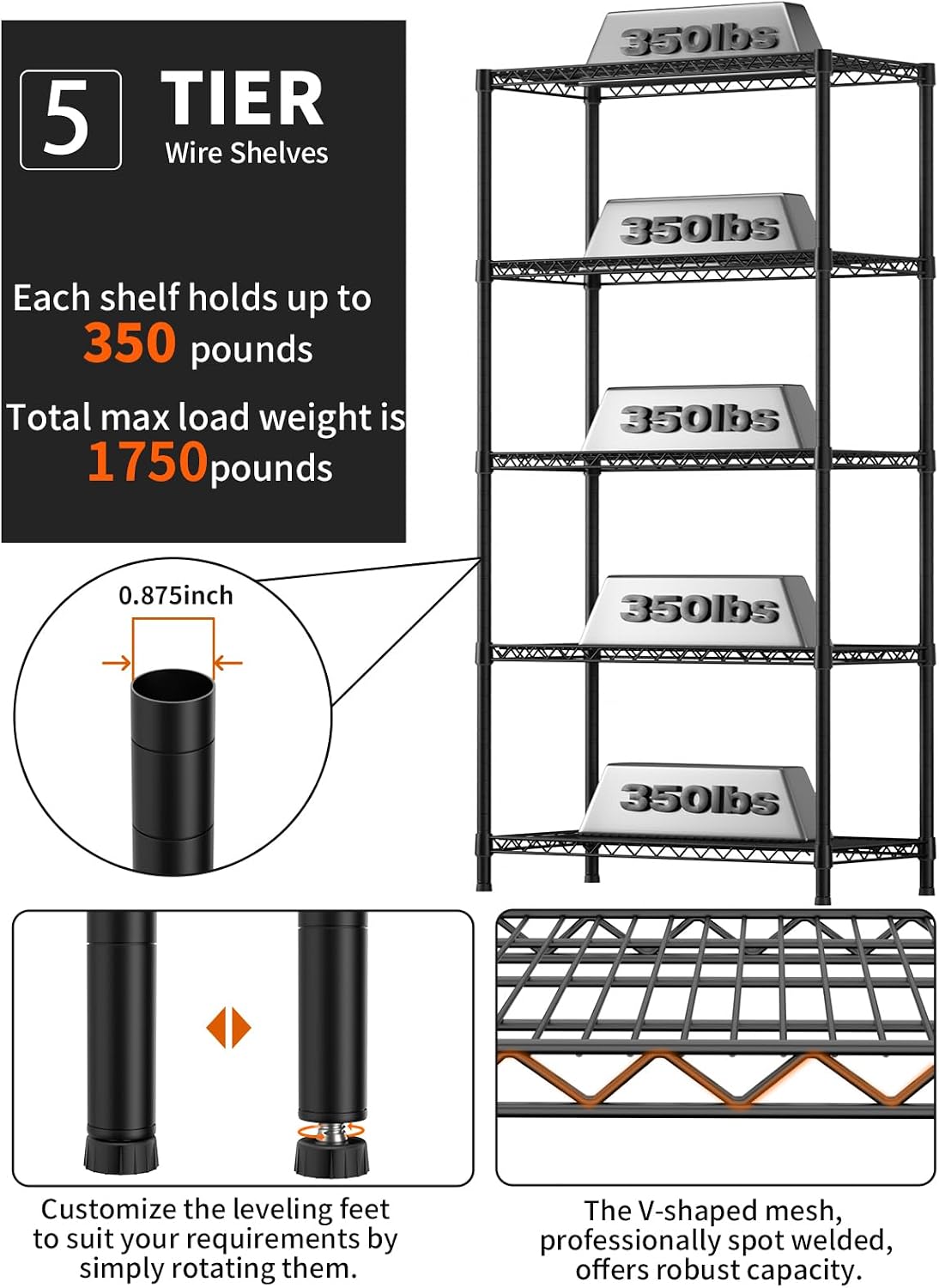 Golpart 4 Tier Adjustable Storage Shelves Metal Utility Shelf Wire Shelving Unit Organizer Rack for Home Kitchen Office Bathroom Pantry Room 12" D x 18" W x 44" H
