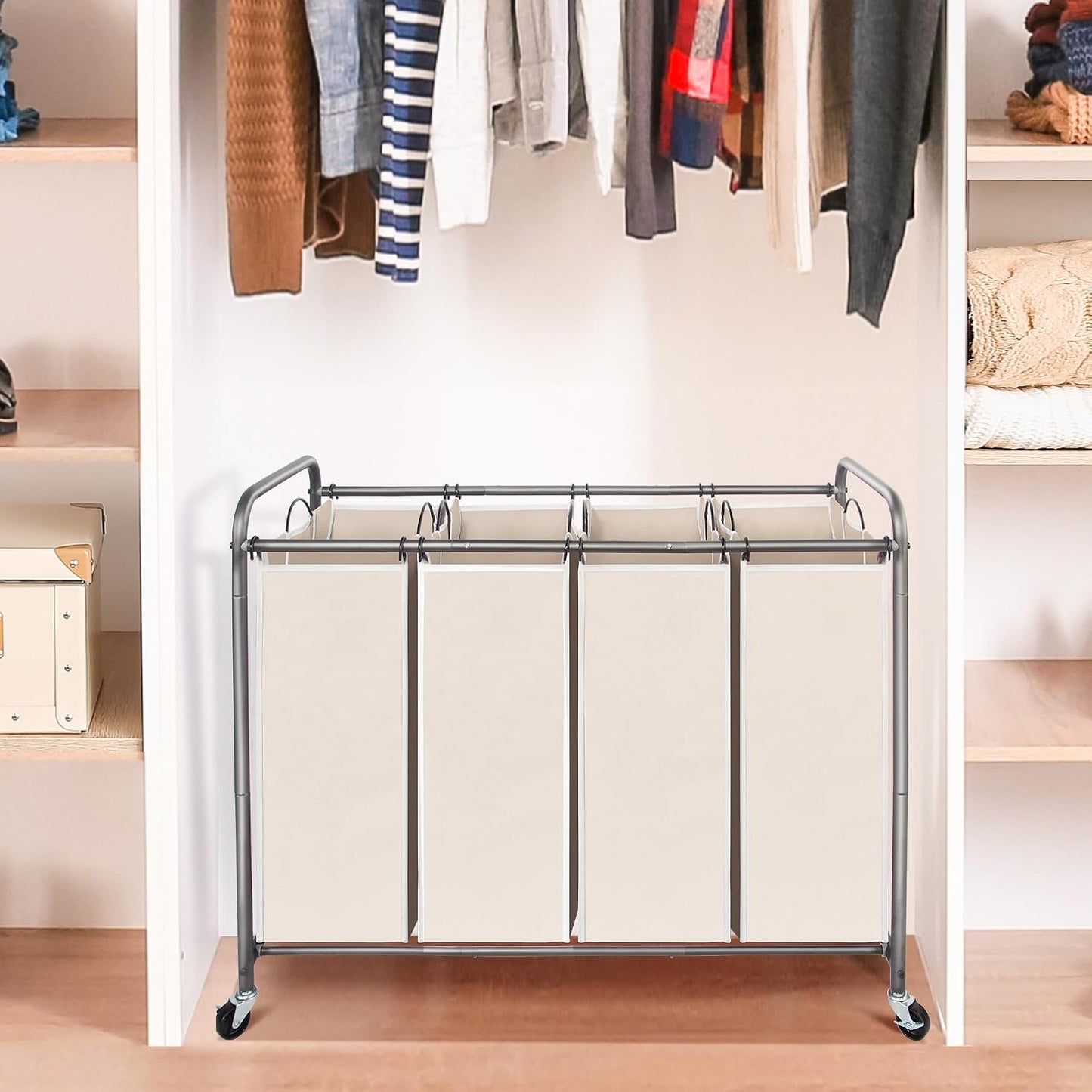 STO STO Laundry Sorter 3 Section, 3 Bag Clothes Hamper, Rolling Laundry Cart Basket with Heavy Duty Lockable Wheels and Removable Bag for Laundry Room, Bedroom, Closet, Gray