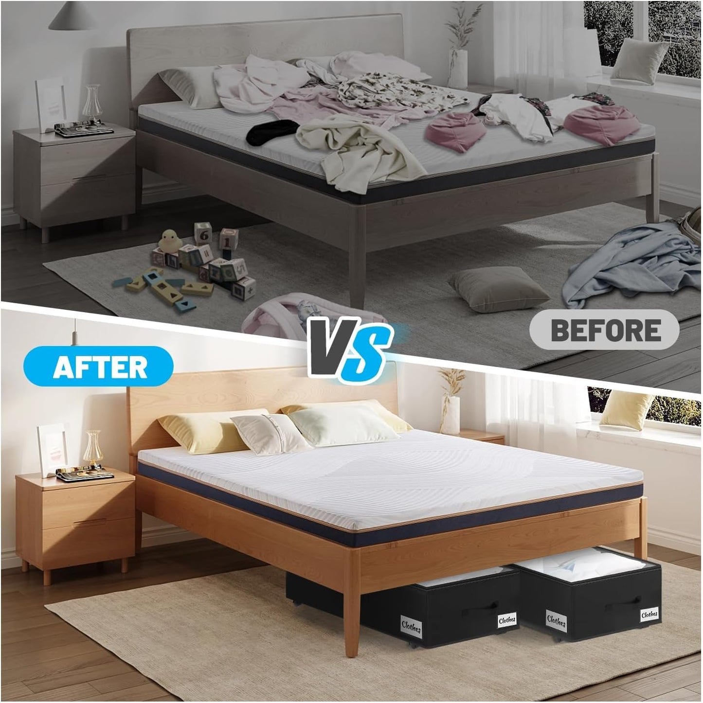 Under Bed Storage with Wheels, 2-Pack 10" Height XXL 75L Rolling Storage Bins, Quick Assembly Underbed Shoe Storage Containers with Clear Lid & Label, Dorm Under Bed Drawers for Clothes, Shoes, Black