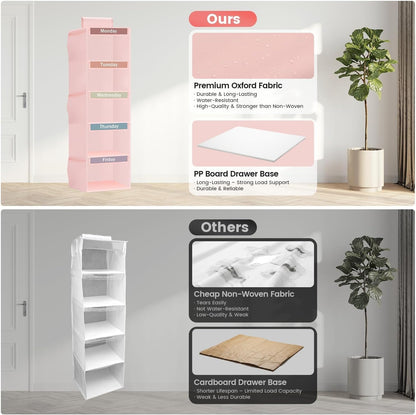 Weekly Clothes Organizer for Kids, 5-Shelf Kid Hanging Closet Organizer w/ 6 Side Pockets, Labeled Weekly Outfit Organizer for Kids, Days of The Week Clothes Organizer Monday Through Friday White