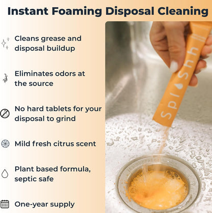 SplaShh Foaming Garbage Disposal Cleaner and Deodorizer, 25 Instant Foaming Powder Packets, 12-Month Supply, Mild Citrus Scent, Kitchen Sink Disposer Cleaner, Drain Odor Eliminator & Freshener