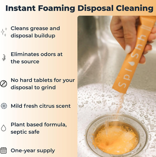 SplaShh Foaming Garbage Disposal Cleaner and Deodorizer, 25 Instant Foaming Powder Packets, 12-Month Supply, Mild Citrus Scent, Kitchen Sink Disposer Cleaner, Drain Odor Eliminator & Freshener