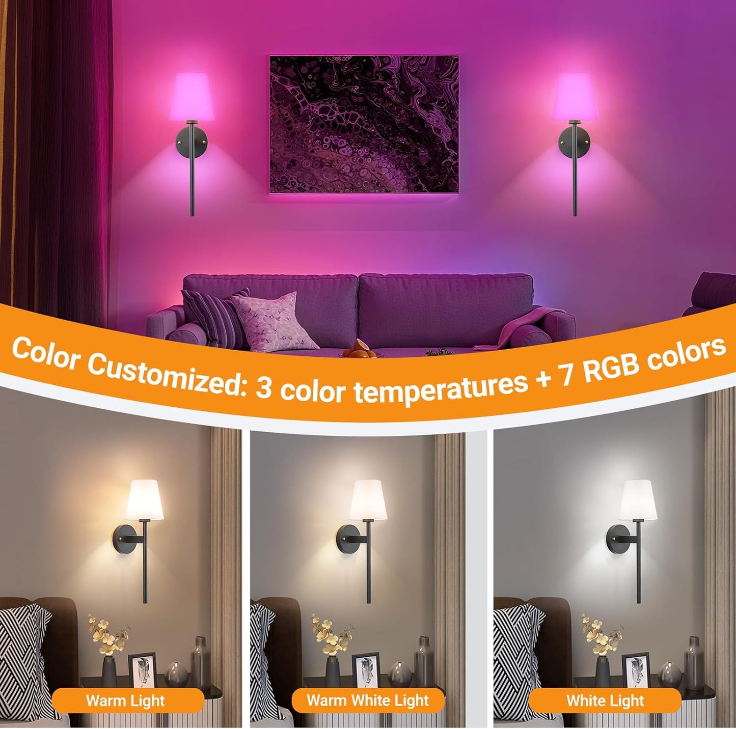 Nekhung Battery Operated Wall Sconces Set of Two, Wireless Battery Wall Light with 10000mAh RGB Dimmable Magnetic Bulb and Remote, Rechargeable Sconce Wall Decor for Bedroom Living Room Hallway