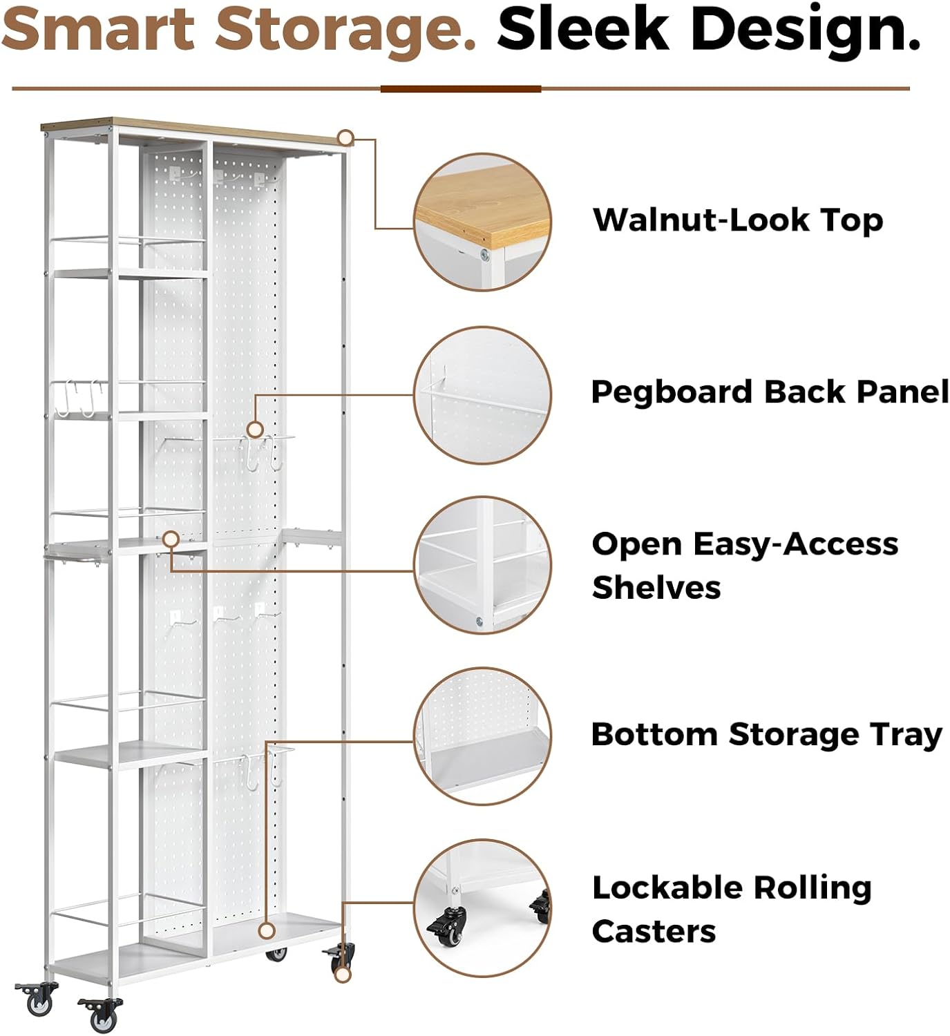 Slim Rolling Storage Cart, 8.3 Inch Narrow Storage Cart with Wheels, Pegboard & 5 Tier Shelves, Mobile Slim Storage Rack Next to Fridge for Kitchen, Laundry, White