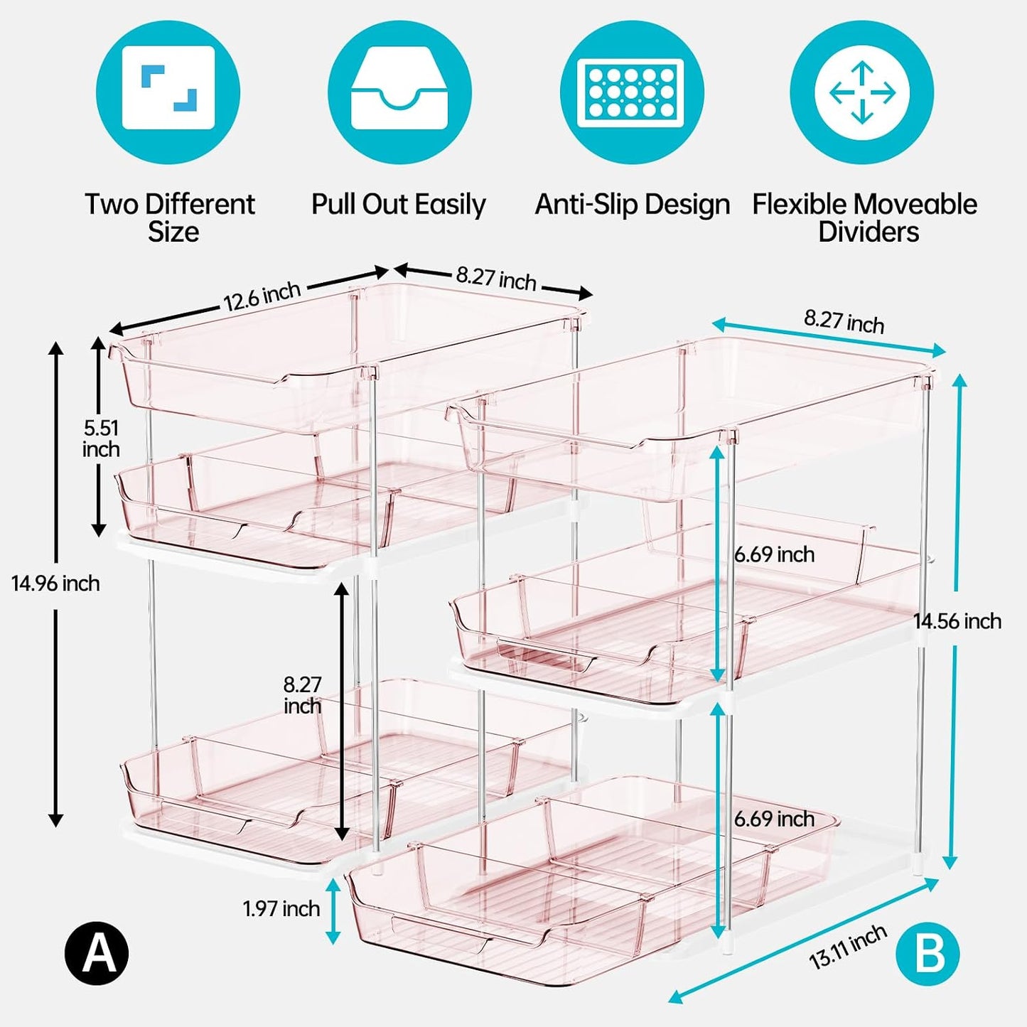 Delamu 2 Sets of 3-Tier Bathroom Under Sink Organizers and Storage, Multi-Purpose Stackable Pantry Organization and Storage, Pull Out Clear Kitchen Bathroom Cabinet Organizer with Movable Dividers | Storage