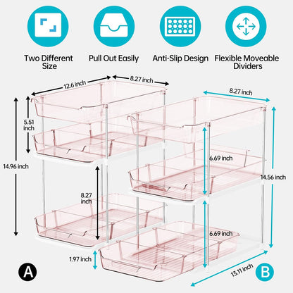 Delamu 2 Sets of 3-Tier Bathroom Under Sink Organizers and Storage, Multi-Purpose Stackable Pantry Organization and Storage, Pull Out Clear Kitchen Bathroom Cabinet Organizer with Movable Dividers | Storage
