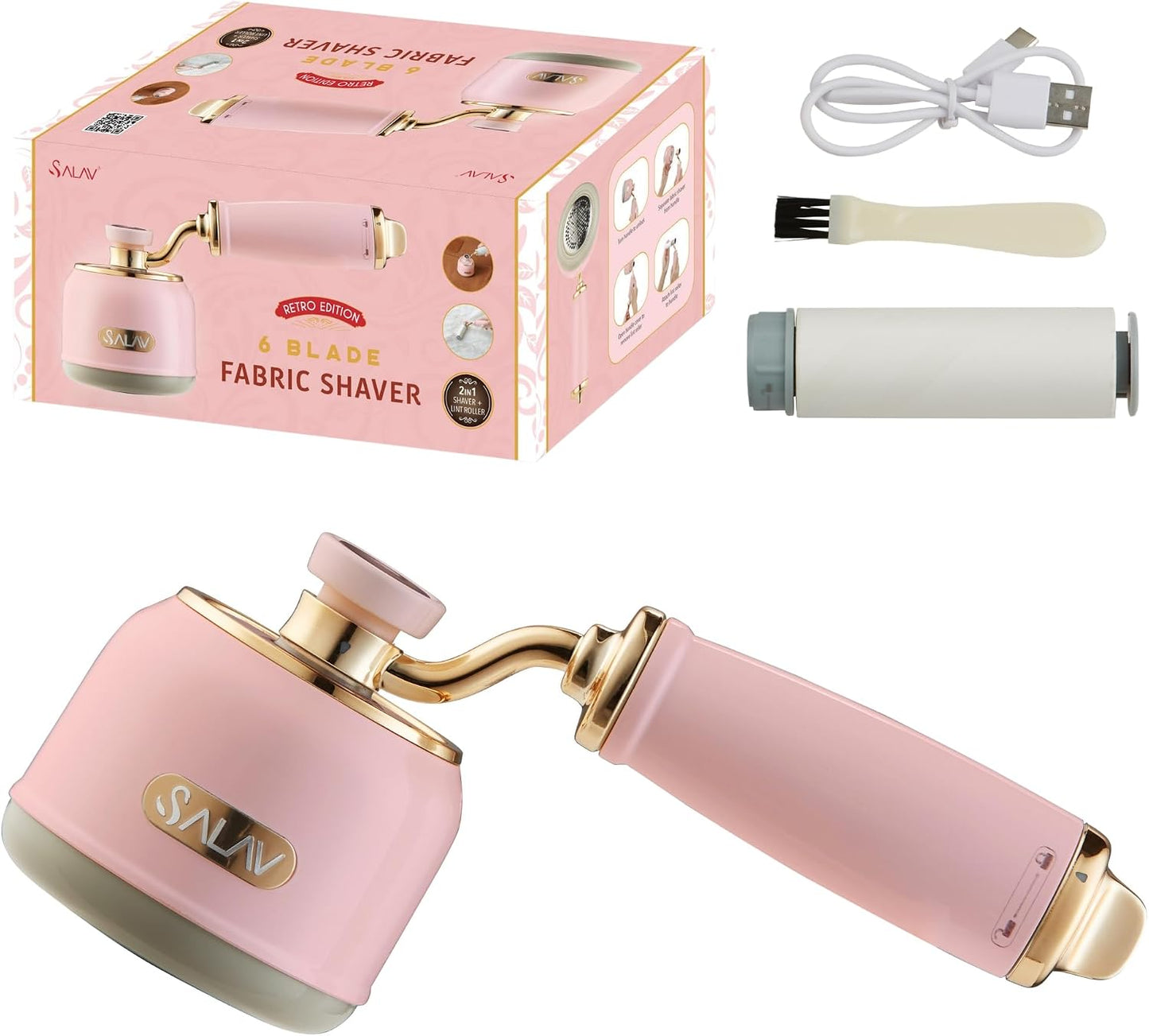 SALAV® Retro Edition 2-in-1 Rechargeable Fabric Shaver and Lint Roller, 6-Blade System, Removes Fuzz and Pilling on Fabrics, Includes Charging Cable (Rose)
