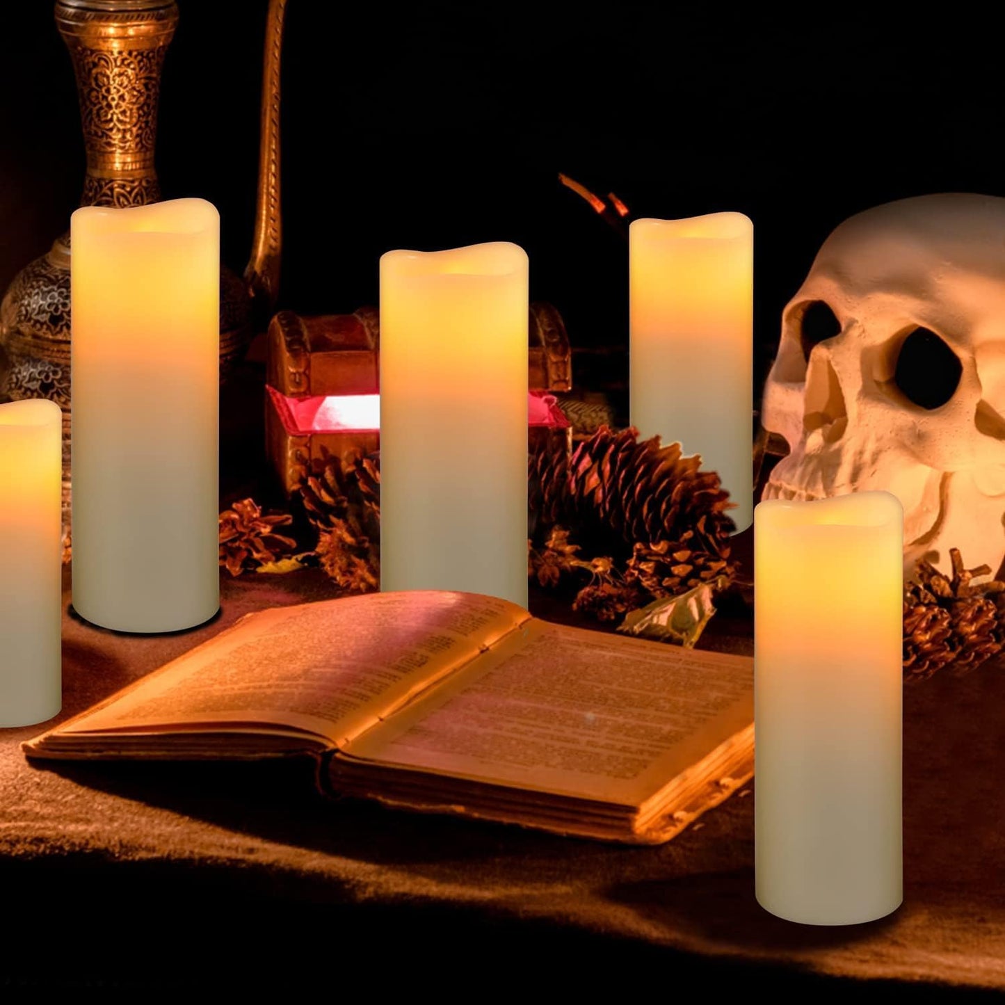Flameless Flickering Battery Operated Candles D2.2''*H4 5" 6" 7" 8" 9" Set of 9 Ivory Real Wax Pillar LED Candles with 10-Key Remote and Cycling 24 Hours Timer (Ivory)