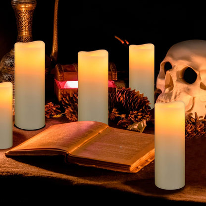 Flameless Flickering Battery Operated Candles D2.2''*H4 5" 6" 7" 8" 9" Set of 9 Ivory Real Wax Pillar LED Candles with 10-Key Remote and Cycling 24 Hours Timer (Ivory)