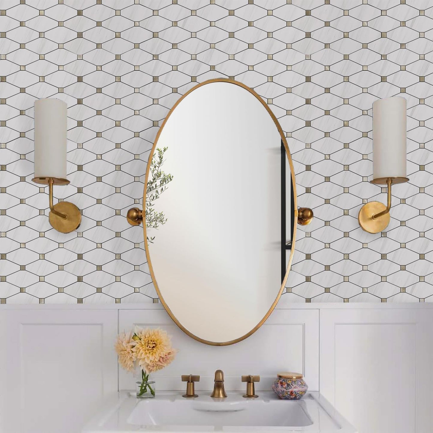 STICKGOO 10 Sheets Peel and Stick Backsplash, Polished Dolomite PVC Mixed Metal Gold Kitchen Backsplash, Stick on Backsplash Wall Tiles for Kitchen, Bathroom, RV