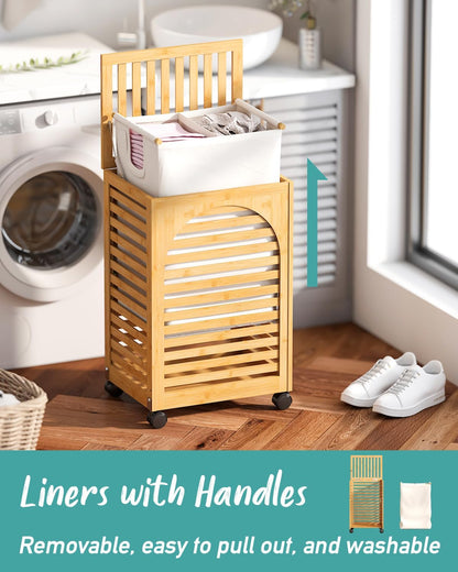 Black Laundry Hamper with Wheels, Laundry Basket with Lid, 22.5 Gallon (85L) Bamboo Wood Clothes Laundry Hamper 2 Section with Handles, Removable Liner