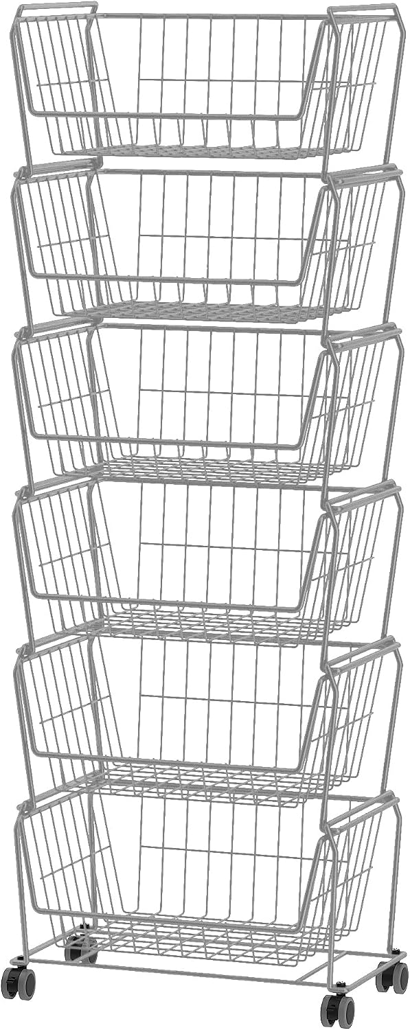 PUSDON 6-Tier Tall Stackable Wire Storage Baskets with Wheels, Vertical Metal Rolling Utility Cart, High Capacity Produce Basket for Kitchen Pantry, Snack Organizer, Matte Black