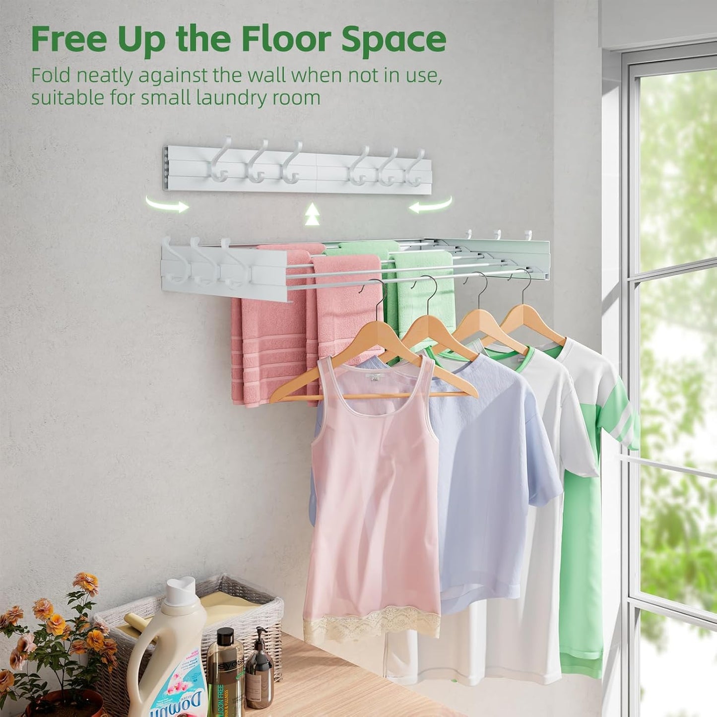 Foldable Wall Mounted Space-Saving Drying Rack, 23.5 In Rustproof Stainless Steel Laundry Hanger with 50 Lbs Heavy Duty Reinforced Rods for Wet Towels & Heavy Clothes, Fits Apartment Bathroom RV,White