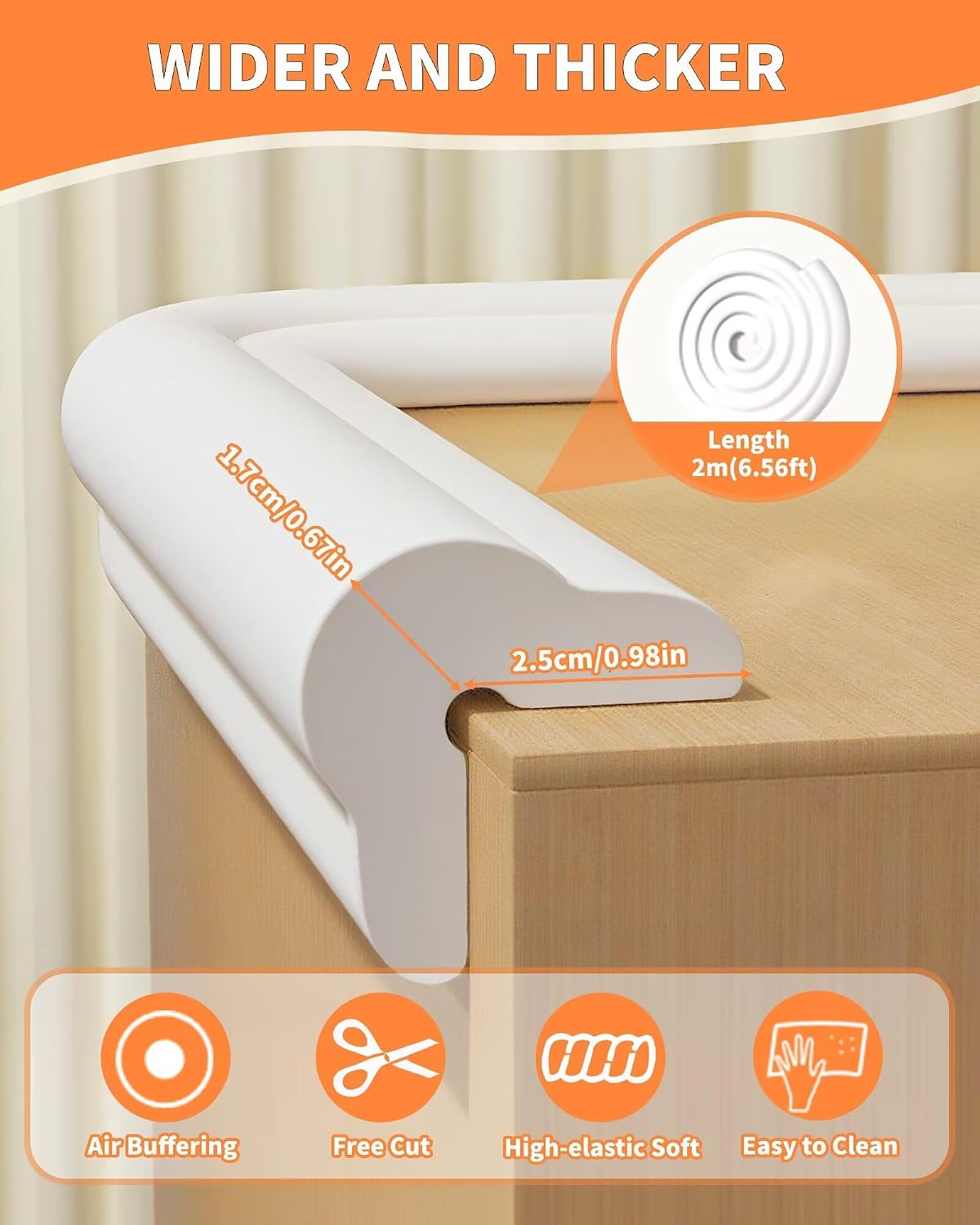 Baby Proofing Edge Protector, 6.6FT, 0.67" Extra Thick, Pre-Taped | L-Shape Air Buffering Soft NBR Rubber Foam Guard, Furniture Corner & Edge Safety Bumpers with 6 Corner Covers, White