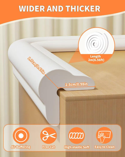 Baby Proofing Edge Protector, 6.6FT, 0.67" Extra Thick, Pre-Taped | L-Shape Air Buffering Soft NBR Rubber Foam Guard, Furniture Corner & Edge Safety Bumpers with 6 Corner Covers, White