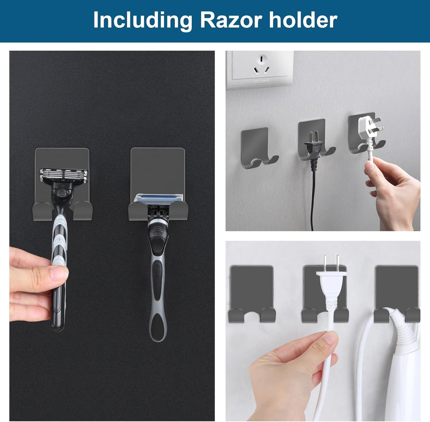 Diesisa Razor Holder for Shower + Adhesive Wall Hooks, Premium 304 Stainless Steel Shower Razor Holder with Heavy Duty Waterproof Sticky Hooks for Hanging Towels, Coat, hat (2+2 Pack)