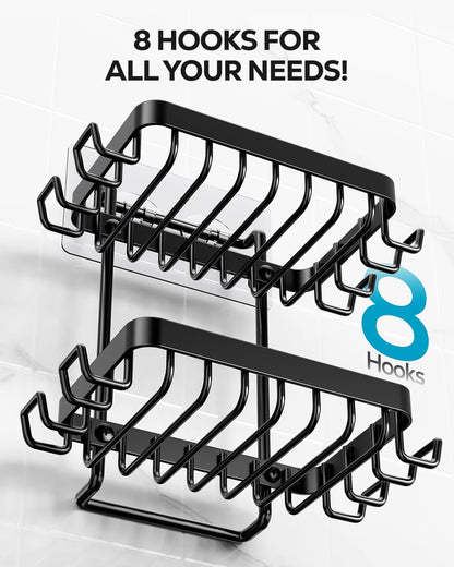 Nieifi Bar Soap Holder, Adhesive Soap Dish for Bathroom Shower Wall | Stainless steel, 2 tier, razor holders, 8 hooks, bathtub, kitchen sink, wall mounted, no drilling, counter, black
