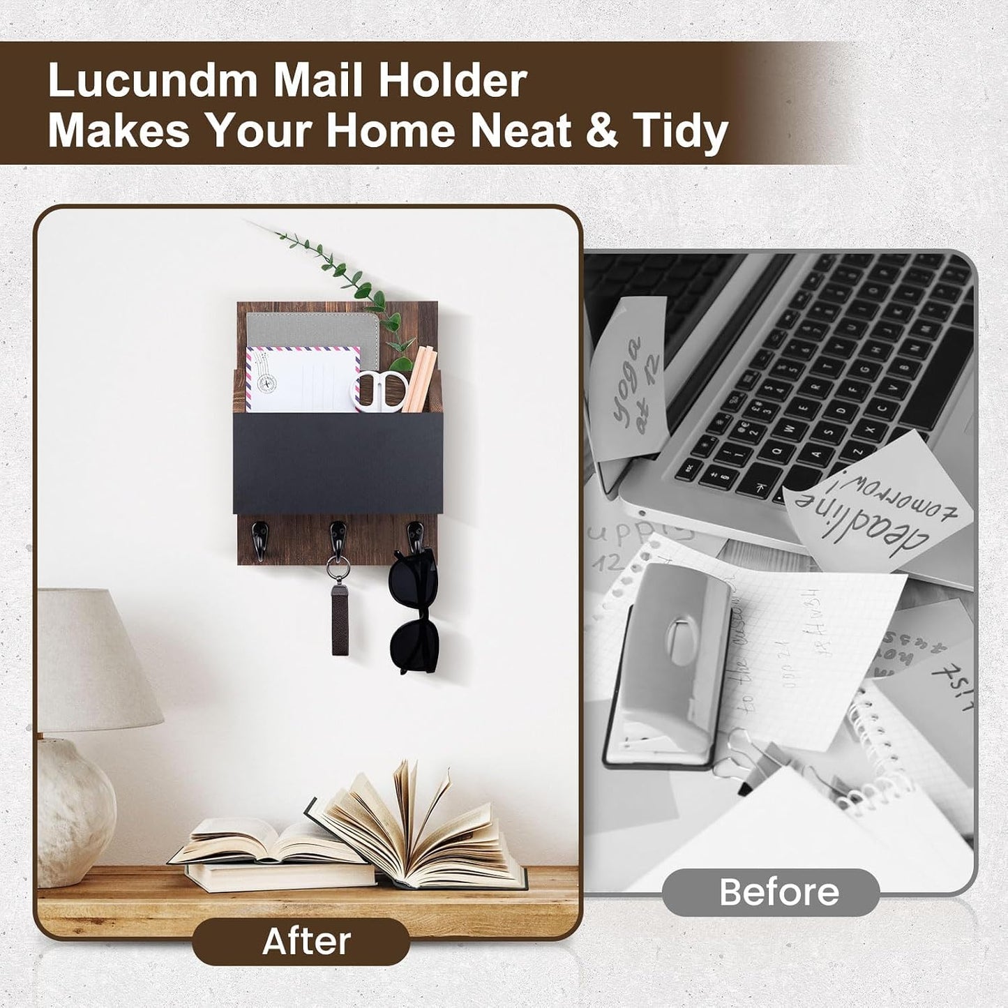 Key and Mail Holder for Wall Mount, Entryway Mail Holder with 2 Slot, Key Holder with 3 Sturdy Hooks for Coat, Dog Leash, Decorative Key Rack (8.86”W x 11.42”H x 3”D) (Black)