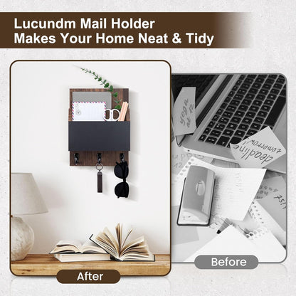 Key and Mail Holder for Wall Mount, Entryway Mail Holder with 2 Slot, Key Holder with 3 Sturdy Hooks for Coat, Dog Leash, Decorative Key Rack (8.86”W x 11.42”H x 3”D) (Black)