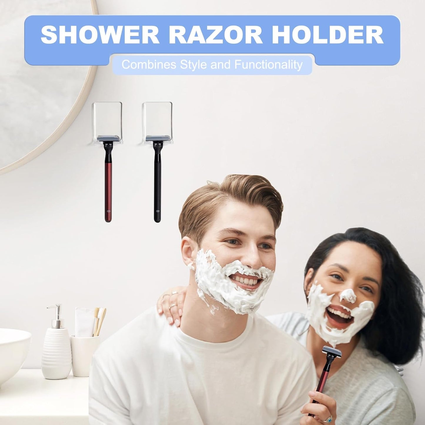 VIS'V Adhesive Razor Holder, Wall Mount Shower Razor Hooks for His and Hers, Metal, Waterproof, White, 2 Pcs
