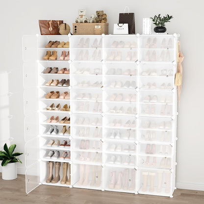 Portable Shoe Rack Organizer with Door, 96 Pairs Shoe Storage Cabinet Easy Assembly, Plastic Adjustable Shoe Storage Organizer Stackable Detachable Free Standing DIY Expandable 12 Tier Black