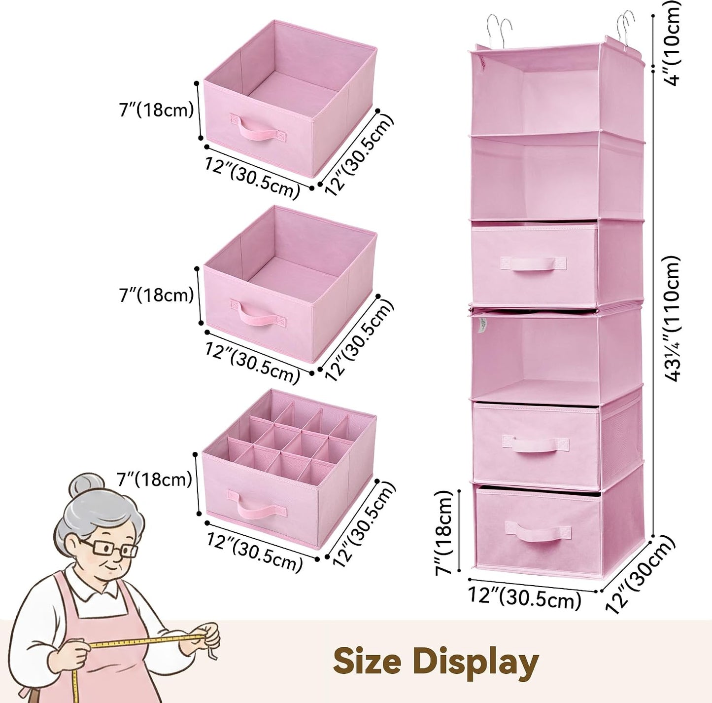 GRANNY SAYS Hanging Closet Organizer 6 Shelves, Closet Organizers and Storage with 5 Drawers, 6 Side Pockets Closet Hanging Organizer, Hanging Storage Organizer for Closet, Baby Clothes, Gray