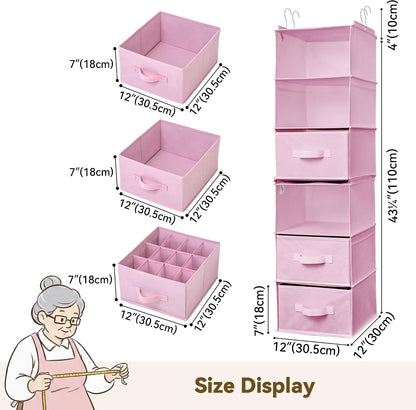 GRANNY SAYS Hanging Closet Organizer 6 Shelves, Closet Organizers and Storage with 5 Drawers, 6 Side Pockets Closet Hanging Organizer, Hanging Storage Organizer for Closet, Baby Clothes, Gray