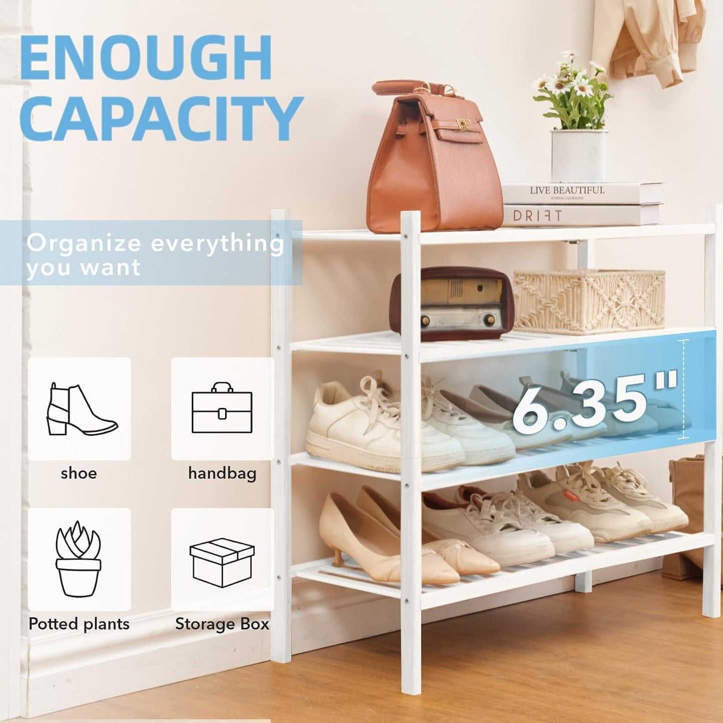 4 Tier Bamboo Shoe Rack Storage Organizer for Closet, Multifunctional Stackable Free Standing Shoe Shelf Organizer for Small Space,Entryway, Hallway, Bathroom27 x11 x26(White, 4 Tier)