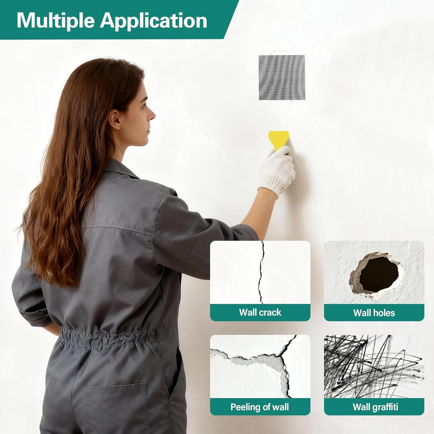 25 Pcs Drywall Repair Kit - 4/6/8/10 Inch Wall Patch Repair Kit for Large Holes, Dry Wall Patch Kits with Scraper Sandpapers Gloves, Quick Fix for Ceiling Bathroom Wall Damage