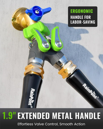 RAINPOINT 2 Way Garden Hose Splitter | Heavy Duty Water Spigot Splitter with Shutoff Valves, 100% Metal Body, 1.9" Extra Long Metal Handle, 3/4" GHT Thread