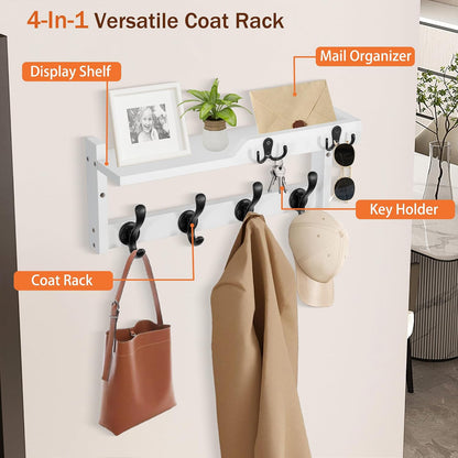 dreampossible Coat Rack Wall Mount with Shelf, Coat Hanger Wall Mount with Key Hooks and Mail Holder, Wood Entryway Floating Shelf with Hooks and Storage, Hat Rack for Wall Key Holder Mail Organizer