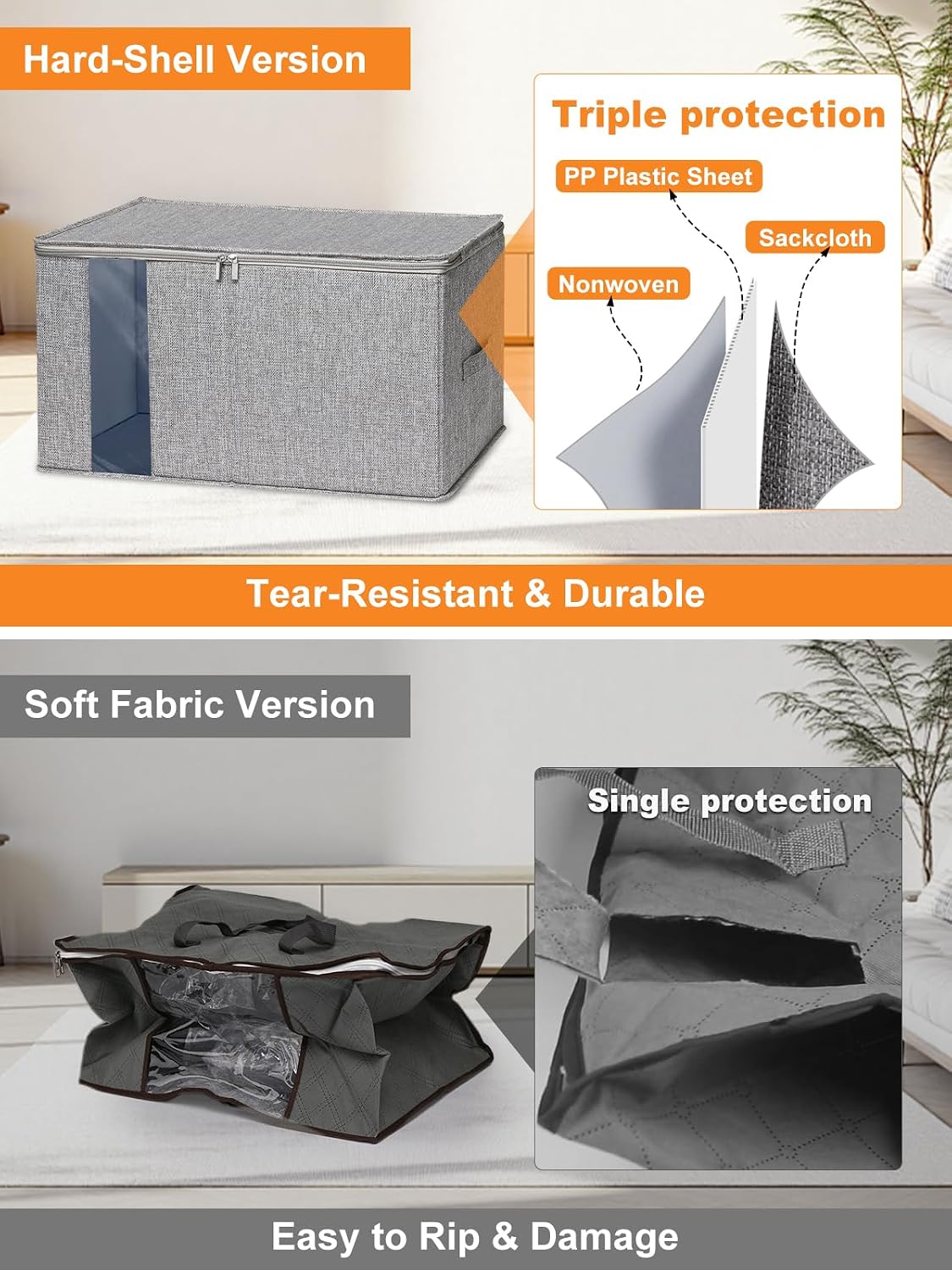 punemi Comforter Storage Bag, Large Blanket Storage Bags with Sturdy Structure, Zipper & 2 Handles for King/Queen Comforters, Quilts, Duvets, Pillows, Bedding and Clothes, 21.7x14.2x11.8in, 2 Pack